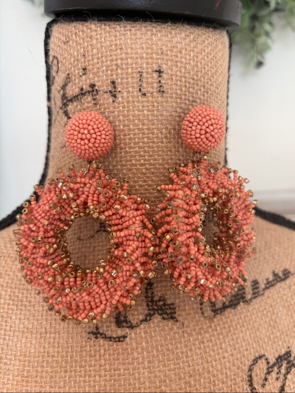 Handmade Coral Beaded Hoop Earrings - Coral Pink Statement Jewelry Peirced